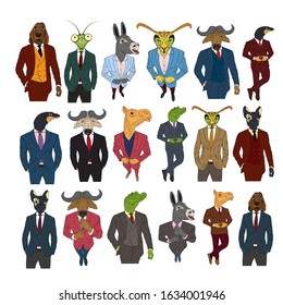 Characters of various animals in business suits and ties. Dog, bull, crocodile, camel and donkey cartoon business animal mascots isolated vector illustration.