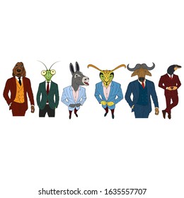 Characters of various animals in business suits and ties. Dog, bull, crocodile, camel and donkey cartoon business animal mascots isolated vector illustration.