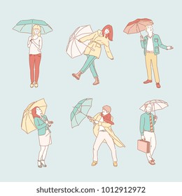 Characters of various behaviors on a rainy day. hand drawn style vector doodle design illustrations.