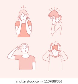 Characters in various poses that appeal to headaches. hand drawn style vector doodle design illustrations.