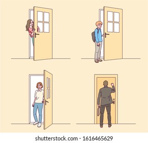 Characters In Various Situations Of Opening And Closing The Door. Hand Drawn Style Vector Design Illustrations. 