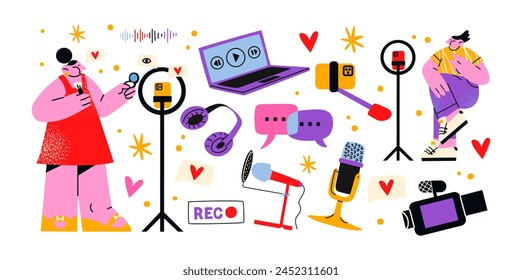 Characters video bloggers with a camera and a smartphone in their hands. Trendy streamer stickers, blogging, a large number of subscribers, online channel, live broadcast. Vector mascots