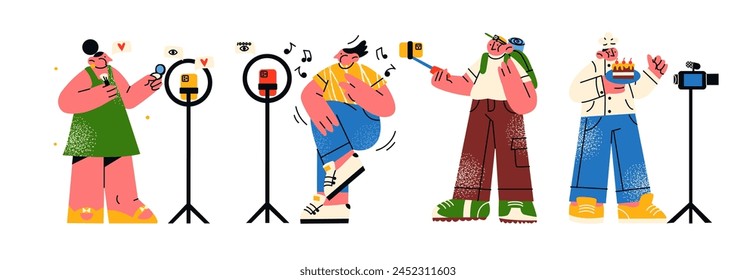 Characters video bloggers with a camera and a smartphone in their hands. Trendy streamer stickers, blogging, a large number of subscribers, online channel, live broadcast. Vector mascots