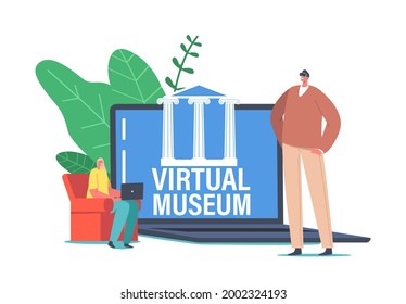 Characters Visit Online Art Gallery Virtual Museum On Laptop Screen. Modern Online Exhibition Tour Internet Technology. Home Leisure On Mobile Devices, Web Tourism. Cartoon People Vector Illustration