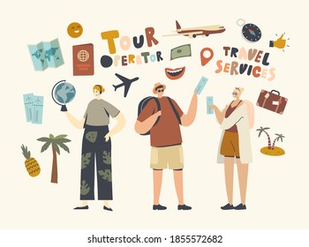 Characters Visit Travel Agency Buying Tour for Going on Holiday Vacation around World Journey or Inside Country Traveling, Local Tourism. Tour Operator Offer Trip. Linear People Vector Illustration