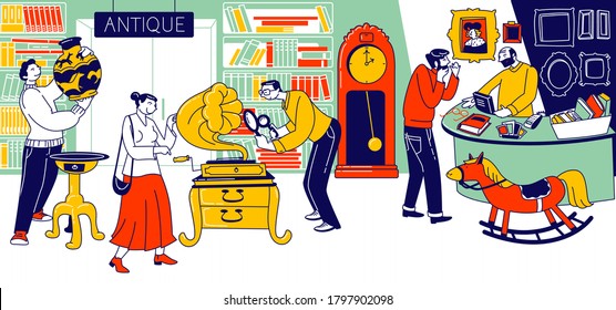 Characters Visiting Antique Store for Shopping Unique Rare Things. Garage Sale, Retro Bazaar with Seller Presenting Old Stuff for Buyers to Purchase, Flea Market. Linear People Vector Illustration