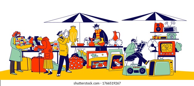 Characters Visiting Flea Market for Shopping Unique Antique Things. Garage Sale, Outdoor Retro Bazaar with Sellers Presenting Old Stuff for Buyers to Purchase. Linear People Vector Illustration