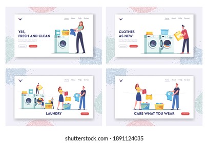 Characters Visiting Laundry Landing Page Template Set. People Loading Dirty Clothes to Huge Washing Machine, Take Out Clean Dresses and Hang on Rope, Laundrette Service. Cartoon Vector Illustration