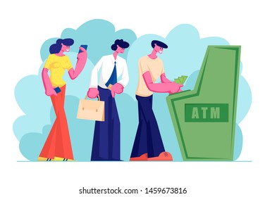 Characters Waiting in Turn to Draw or Put Money to Automated Teller Machine Standing in Queue. People Visiting Bank Using Atm Machine for Transaction Services, Banking Cartoon Flat Vector Illustration