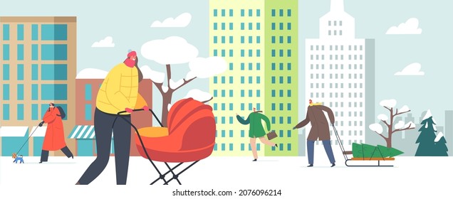 Characters Walking at Cityscape under Falling Snow. Winter Rush on City Street. Mother with Baby Stroller, Girl with Dog, Man with Fir-Tree, Businessman Run at Work. Cartoon People Vector Illustration