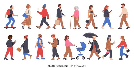 Personajes caminando. Personas diversa multitud, estudiante, hombre de negocios y madre con el niño caminando por la calle Ilustración vectorial plana conjunto. Hombres y mujeres caminan colección