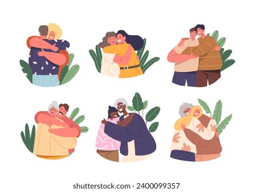 Characters In A Warm Embrace, People Share Smiles, Hearts Connecting Through The Simple Yet Powerful Act Of Strong Hug