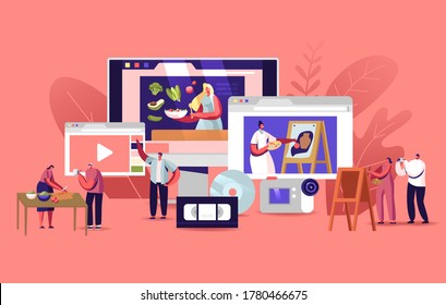 Characters Watch Video Courses Get Online Education. Students Learn via Internet Watching Cooking, Painting or Business Classes on Pc. Distance Learning, Webinars. Cartoon People Vector Illustration