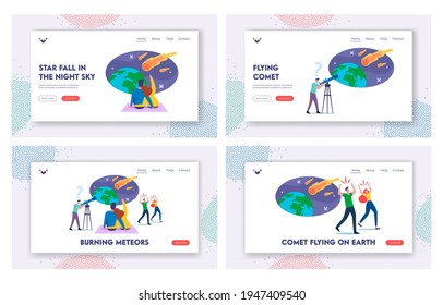 Characters Watching Meteorite Fall Landing Page Template Set. Man with Telescope Look on Sky with Falling Asteroids, Loving Couple Make Wish, Frightened People Run Away. Cartoon Vector Illustration