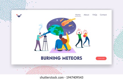 Characters Watching Meteorite Fall Landing Page Template. Man with Telescope Look on Sky with Falling Asteroids, Loving Couple Make Wish, Frightened People Run Away. Cartoon Vector Illustration
