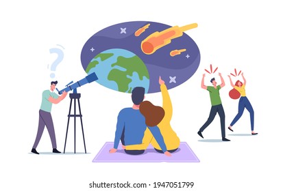 Characters Watching Meteorite Fall, Man with Telescope Look on Natural Phenomenon in Sky with Falling Asteroids, Loving Couple Make Wish, Frightened People Run Away. Cartoon Vector Illustration