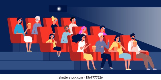 Characters watching movie. Persons sitting in chairs in cinema hall vector flat pictures concept