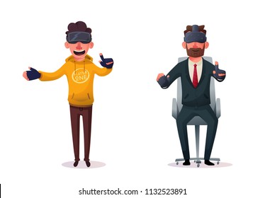 Characters wear virtual reality digital glasses. Cartoon Vector Illustration