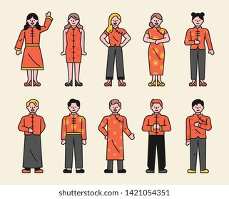 Characters wearing Chinese traditional costumes. flat design style minimal vector illustration