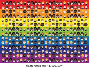 Characters wearing face masks on a rainbow background