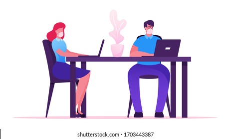 Characters Wearing Medical Masks Working on Personal Computer in Creative Office or Home during Covid19 Quarantine Self Isolation. Business People Freelancers Work on Pc. Cartoon Vector Illustration