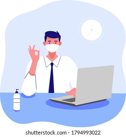 Characters Wearing Medical Masks Working On Laptop In Office Or Home During Covid19 Quarantine Self Isolation. Business People Freelancers Work On Pc. Cartoon Vector Illustration