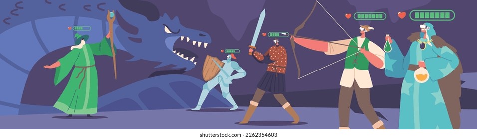 Characters Wearing Virtual Reality Headset and Fantasy Costumes Playing Mmorpg Video Game. Concept of Immersive 3d Digital World, Futuristic Technology, Gaming Online. Cartoon Vector Illustration