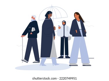 Characters wearing warm autumn or winter clothing. Collection of people walking on a rainy day, city scene. Women and men of different ages wearing a coat or jacket. Flat vector illustration