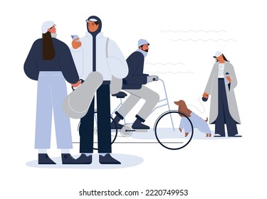 Characters wearing warm autumn or winter clothing. Collection of people walking on a rainy day, city scene. Women and men of different ages wearing a coat or jacket. Flat vector illustration