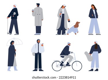 Characters wearing warm autumn or winter clothing set. Collection of people walking on a rainy day. Women and men of different ages wearing a coat or jacket. Flat vector illustration