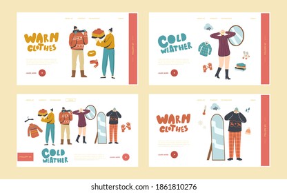 Characters Wearing Warm Clothes Landing Page Template Set. People in Knitted Handmade Pullover, Scarves and Hats. Fashion for Cold Winter or Autumn Weather Outdoor Walking. Linear Vector Illustration