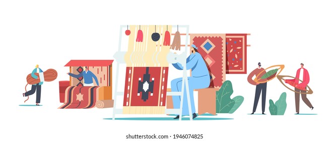 Characters Weaving Carpet on Handloom and Selling on Asian Bazaar. Traditional Oriental Art, Handmade Craft. Tiny People with Huge Equipment and Threads for Rugs. Cartoon People Vector Illustration