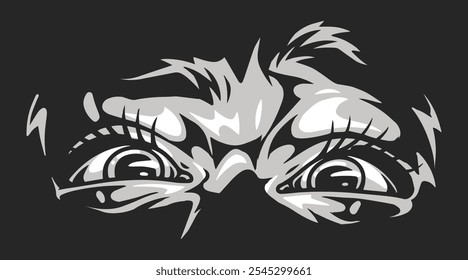 A character's wide eyes convey surprise and curiosity surrounded by a dark background. The simplicity highlights the emotion and expression in a bold graphic style.