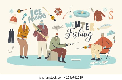 Characters Winter Fishing Hobby, Fishermen Sitting on Ice with Rod Having Good Catch. People in Warm Clothes on Lake or River Catching Fish at Wintertime, Relax, Leisure. Linear Vector Illustration