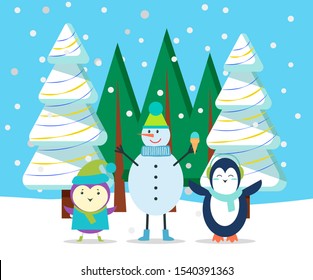 Characters in winter landscape. Forest with pine trees covered with snow. Snowfall and animals wearing warm clothes. Snowman in hat holding ice cream dessert. Spruce with garlands flat style vector