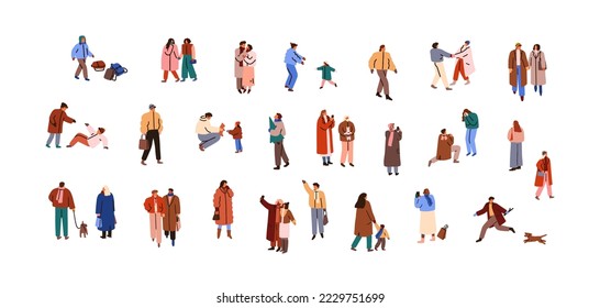 Characters in winter set. Happy people walking on streets at wintertime, Christmas holiday. Families, children outdoors in cold weather. Flat graphic vector illustration isolated on white background