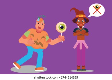 Characters of a witch reject a candy from a fat boy. Halloween theme. Simple character vector illustration.