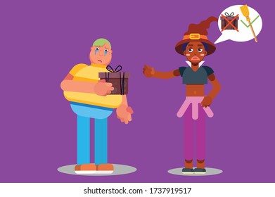 Characters of a witch reject a gift from a fat boy. Halloween theme. Simple character vector illustration, this illustration can use as a sticker also.