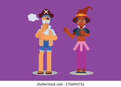 Characters of a witch trying to help an angry pirate. Halloween theme. Simple character vector illustration.