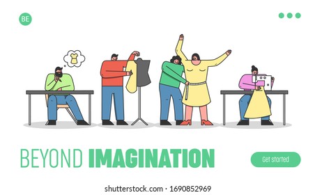 Characters Work In Fashion Atelier. Website Landing Page. Designers Make A Design Of Clothes, Measure Sizes, Sew Order On The Sewing Machine. Web Page Cartoon Linear Outline Flat Vector Illustration