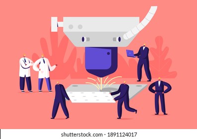 Characters Work on Laser Cut Factory. Tiny Men in Worker Outfit and Helmets on Industrial Manufacture Producing Materials with Laser Cutting Details and Process. Cartoon People Vector Illustration