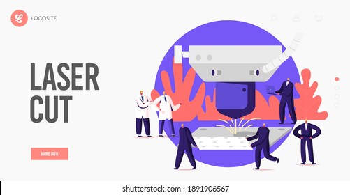 Los caracteres trabajan en la plantilla de la página de inicio de fábrica de corte láser. Pequeños trabajadores en la fabricación industrial de materiales de producción con detalles y proceso de corte láser. Ilustración de vectores de personas de caricatura