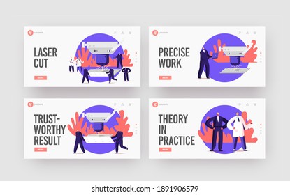 Los caracteres trabajan en el conjunto de plantillas de la página de inicio de la fábrica de cortes láser. Pequeños trabajadores en la fabricación industrial de materiales de producción con detalles y proceso de corte láser. Ilustración de vectores de personas de caricatura