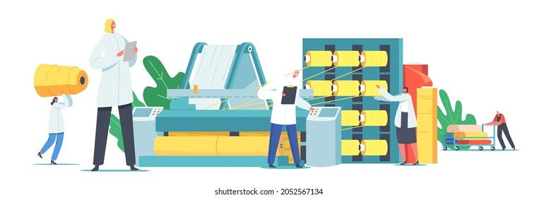 Characters Work on Textile Production Factory. Workers at Automated Machine for Yarn Producing. Manufacturing of Cotton Fibers Wrapping Machine Screwed on Big Shaft. Cartoon People Vector Illustration