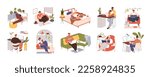 Characters work online with laptop, computer, mobile phone, tablet PC at home. Freelance people, freelancers in internet with gadgets set. Flat graphic vector illustration isolated on white background