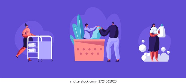 Characters Work and Visit Laundry. Female Worker Giving to Client Clean Clothes on Reception, Hold Detergent. Dry Cleaning Service. Industrial Public Laundrette. Cartoon People Vector Illustration