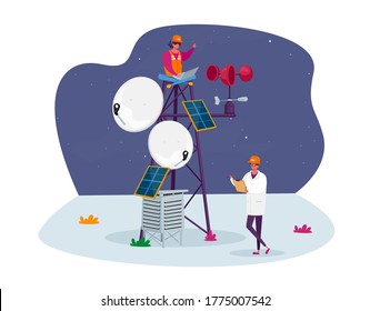 Caracteres en los indicadores meteorológicos de aprendizaje de mano de obra y blanco y hardhat en la estación Meteo. Ciencia de la Meteorología, Tecnologías Modernas para la Previsión del Clima. Ilustración de vectores de personas de caricatura
