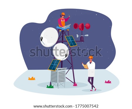 Characters in Worker and White Robe and Hardhat Learning Meteorological Indicators at Meteo Station. Meteorology Science, Modern Technologies for Weather Forecast. Cartoon People Vector Illustration