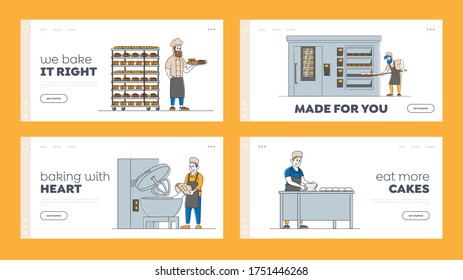 Characters Workers Bakery, Bread Machinery Production Landing Page Template Set. Flour Grinding, Dough Kneading Baking Loafs in Manufacture with Industrial Equipment. Linear People Vector Illustration