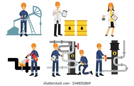 Characters Of Workers In The Oil Industry At Different Stages Of Production Vector Illustration Set Isolated On White Background